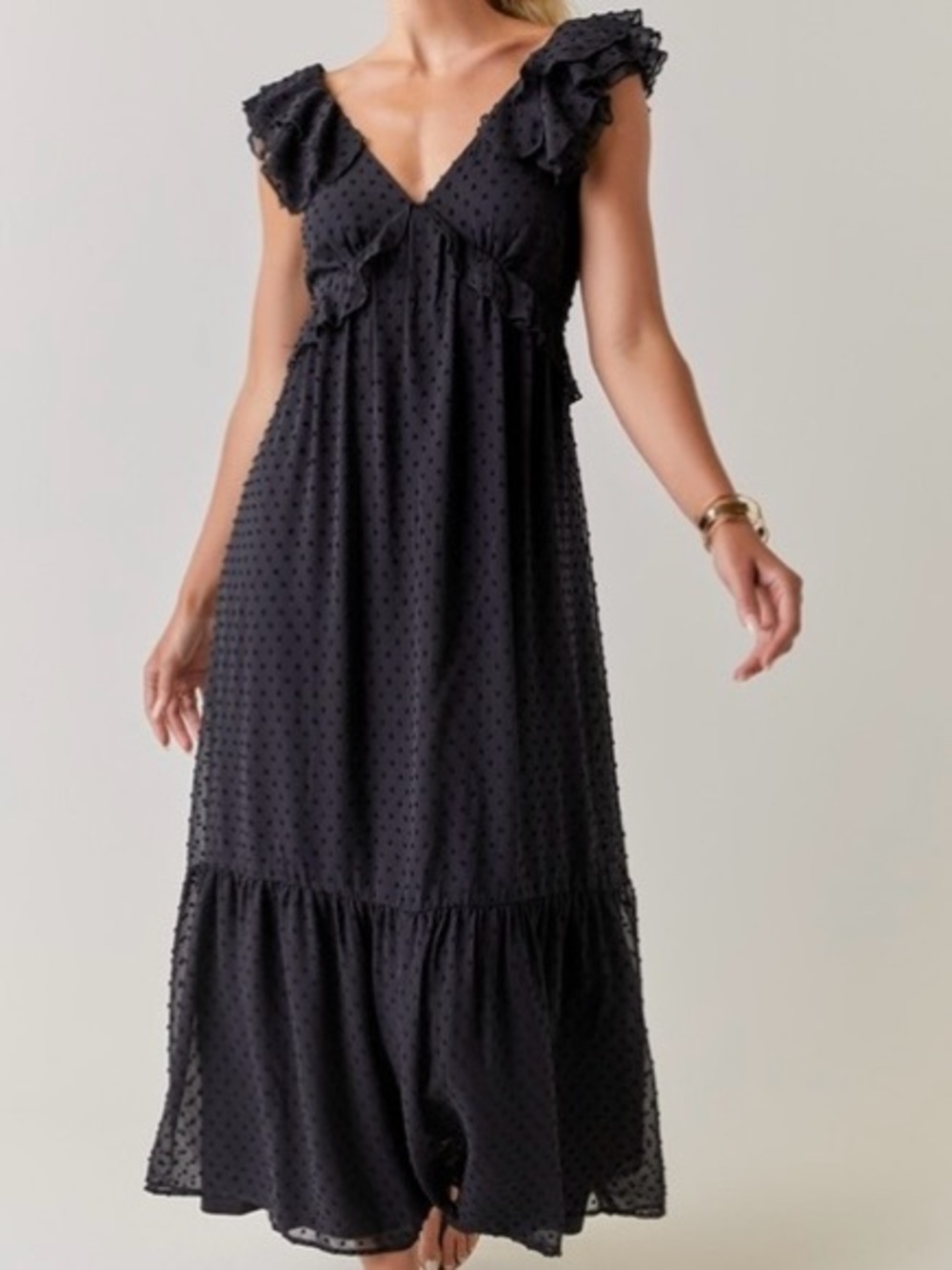 Whimsygoth Boho Black Swiss Dot Maxi Dress Sz Large